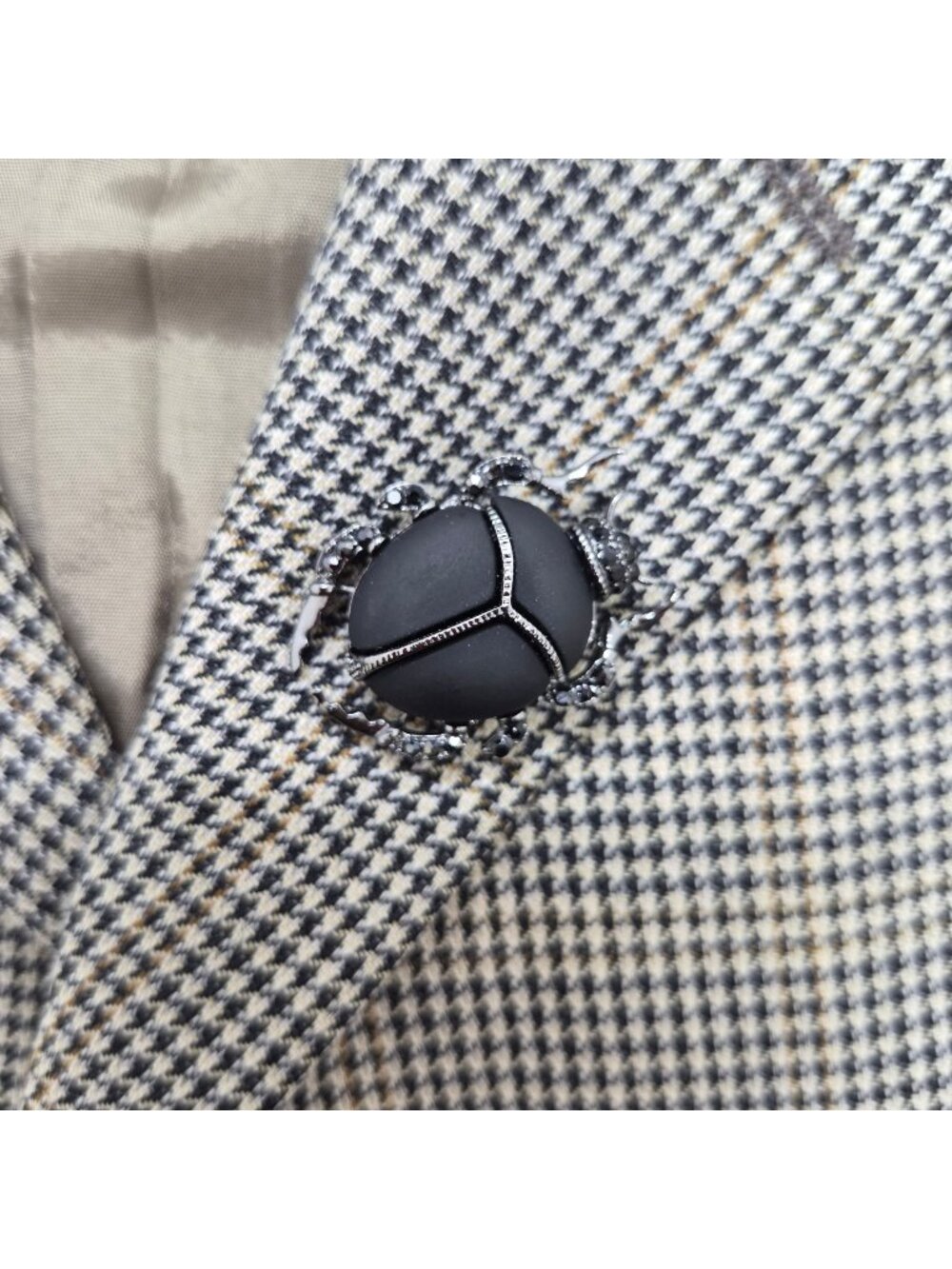 Vintage Vibes Black Beetle Brooch Scarab Pin Rhinestone Silver Insect Tone 1.5"